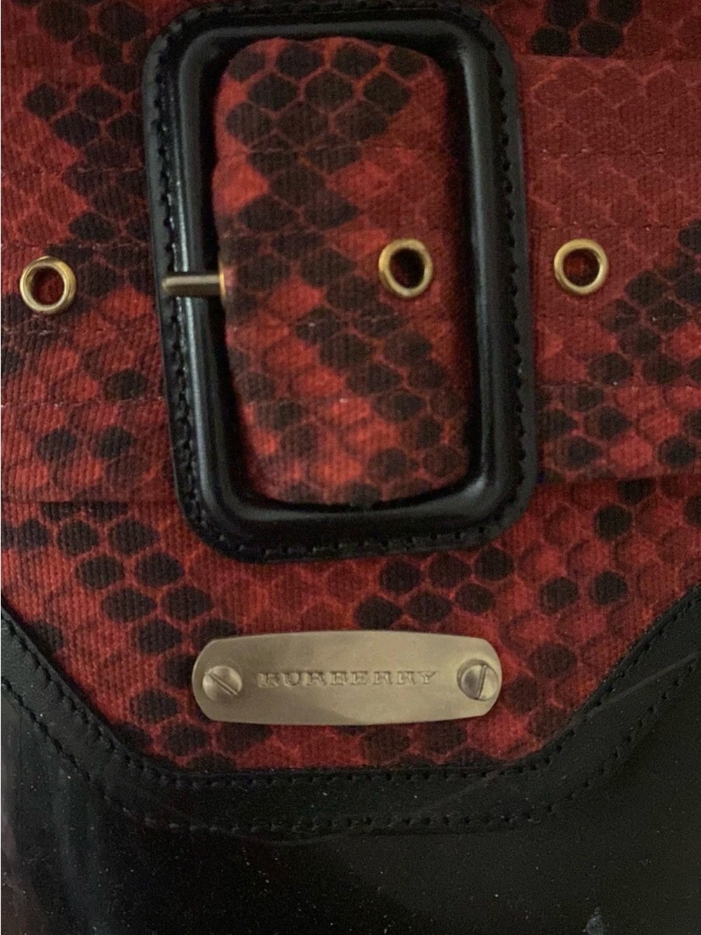 Burberry Black Rain Boots with Red Snake-Print Trim - Picture 2 of 3